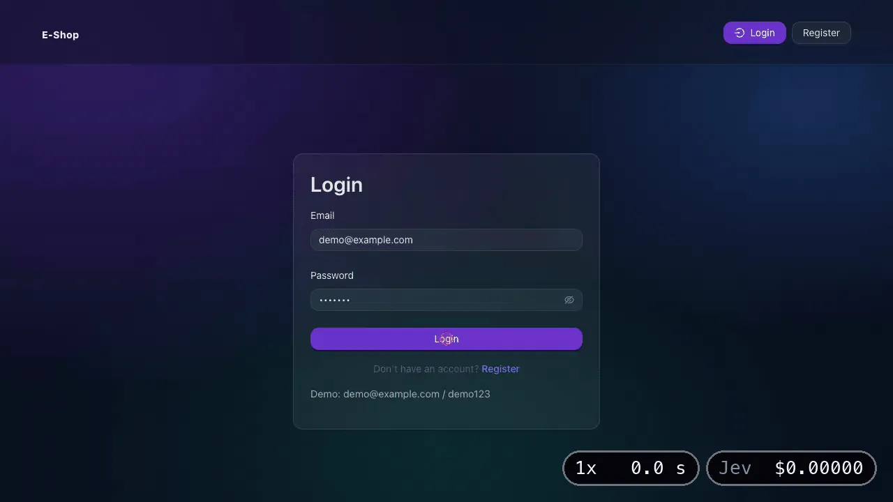 A real IronBee Express run on the e-shop demo at normal speed. It signs in, adds the iPhone 15 Pro, checks out with an address and a card, and the order page turns to COMPLETED. A timer reaches 6.7 s and a cost counter reaches $0.00054.