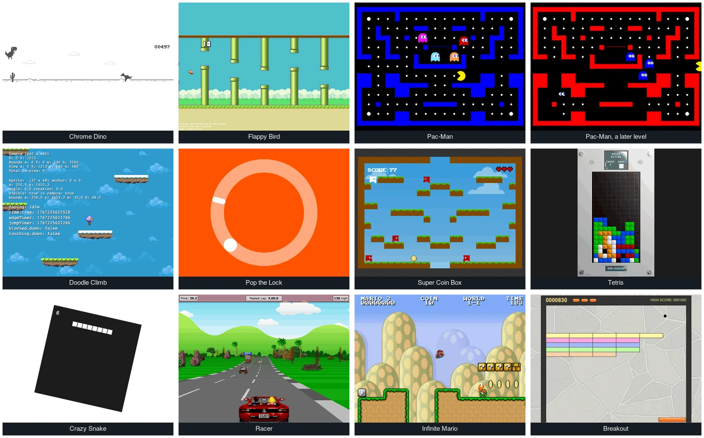 Twelve game screens in a grid, each part way through a game Laya is playing: Chrome Dino, Flappy Bird, Pac-Man at its first level and at a later one, Doodle Climb, Pop the Lock, Super Coin Box, Tetris, Crazy Snake, Racer, Infinite Mario and Breakout.