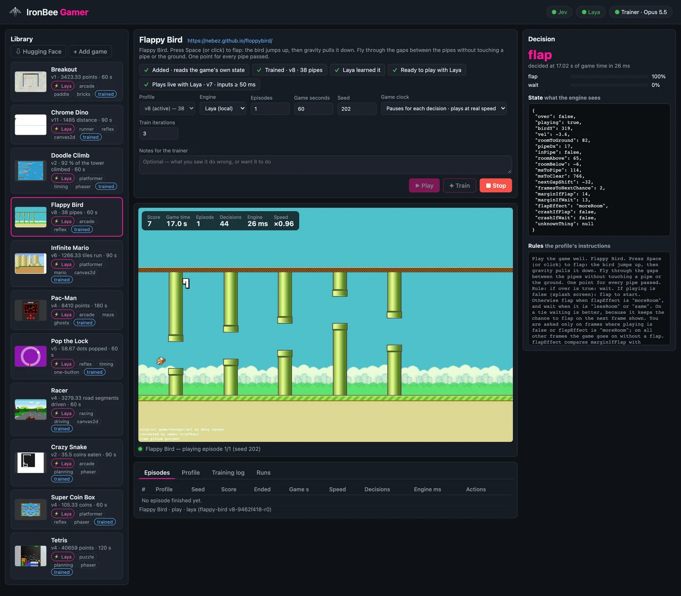 The IronBee Gamer web UI while Laya plays Flappy Bird. On the left the library of games, in the middle the game as it plays, with the score, game time, decisions, engine time and speed, and on the right the decision just made, flap at 100%, the state it was made on, and the rules the LLM wrote.