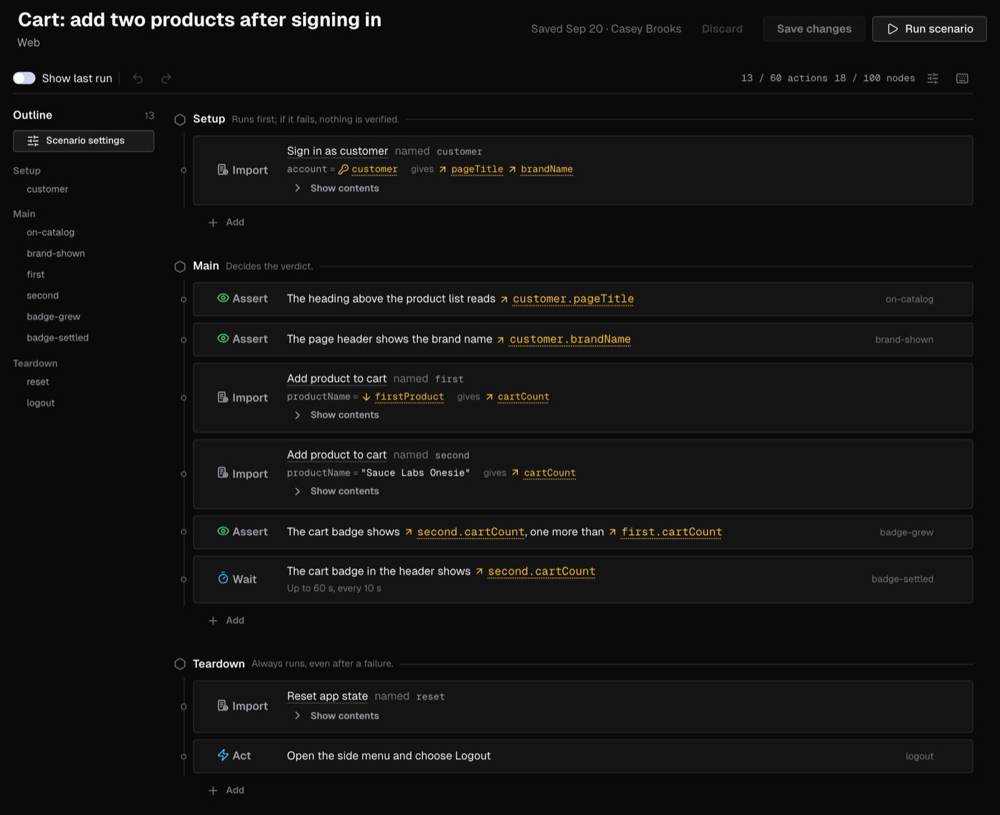 Scenario editor with the name, Discard, Save changes and Run scenario at the top, the Outline on the left, and the Setup, Main and Teardown sections with Import, Assert, Wait and Act rows