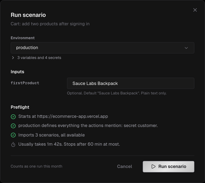 Run scenario dialog with the production environment, the optional firstProduct input with its default, and the Preflight checklist: the start URL, the secret the environment defines, the imports and the usual duration